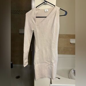 Elegant Cream/ Gold Glitter Long-Sleeve One Shoulder Dress